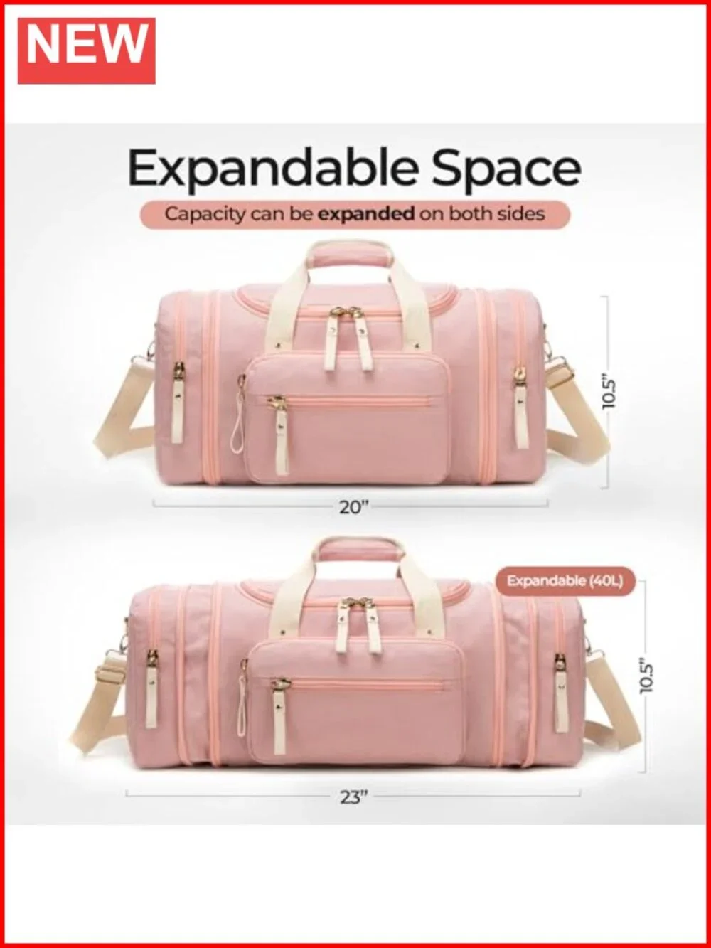 Expandable Water-Resistant Travel Duffle Bag 40L Carry On Weekender